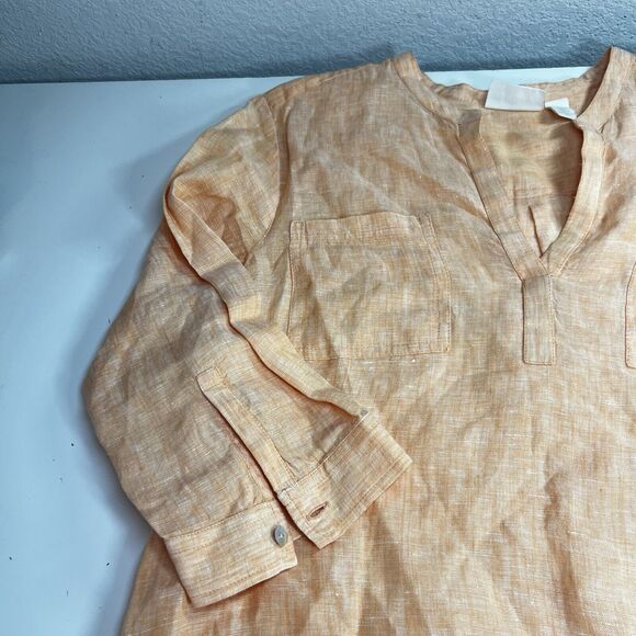 Chico's Linen Henley Tunic Top Womens 1 Orange Coral Top Popover EUC Creamsicle - Picture 3 of 8